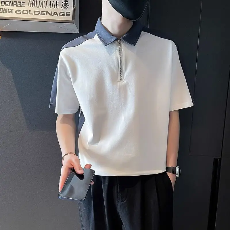 

Men's Clothing Spliced T-shirts Turn-down Collar Stylish Zipper Summer Contrasting Colors Basic Casual Short Sleeve Polo Shirts