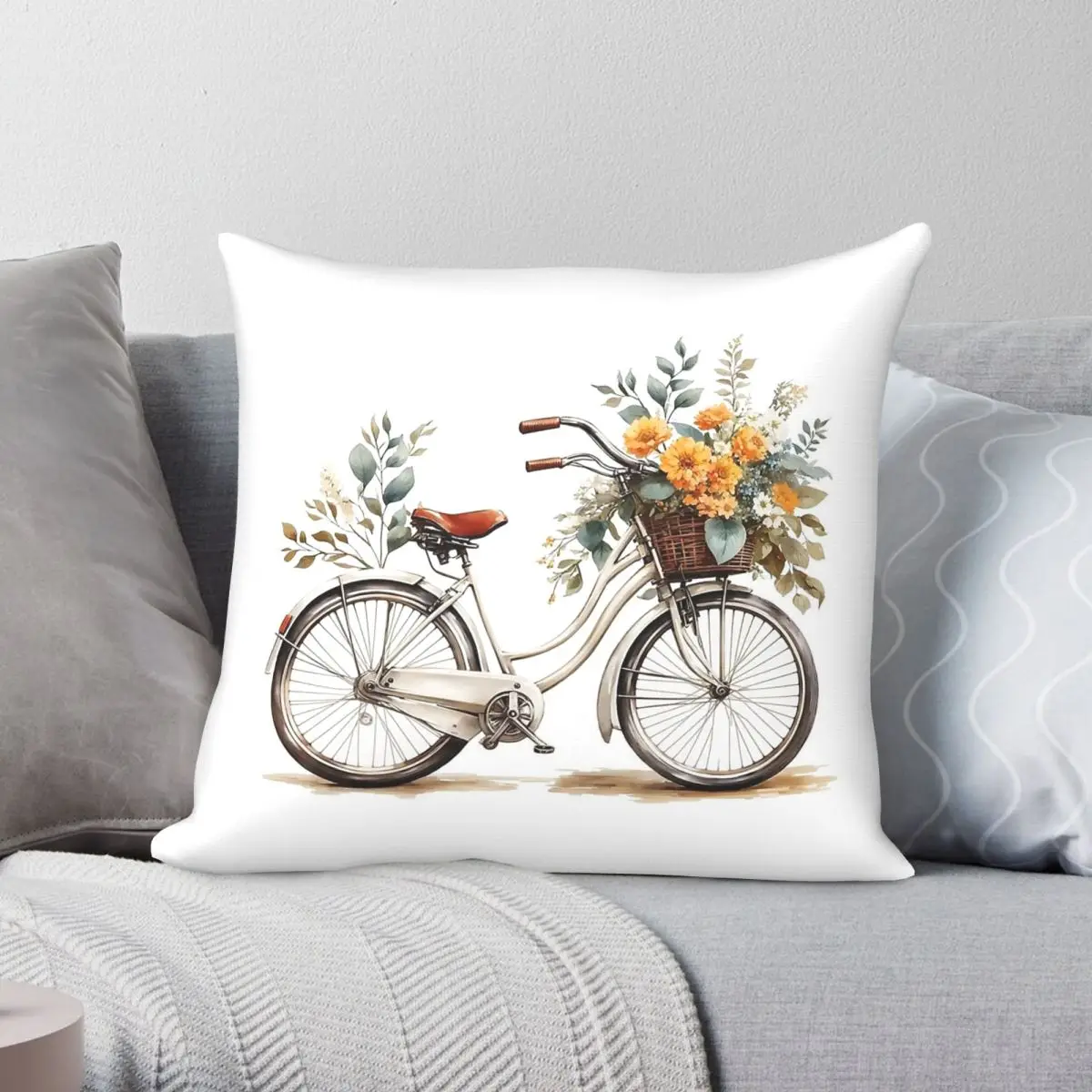 Vintage Bicycle With Sunflower Leaf Square Pillowcase Polyester Linen Velvet Printed Zip Decor Home Cushion Cover