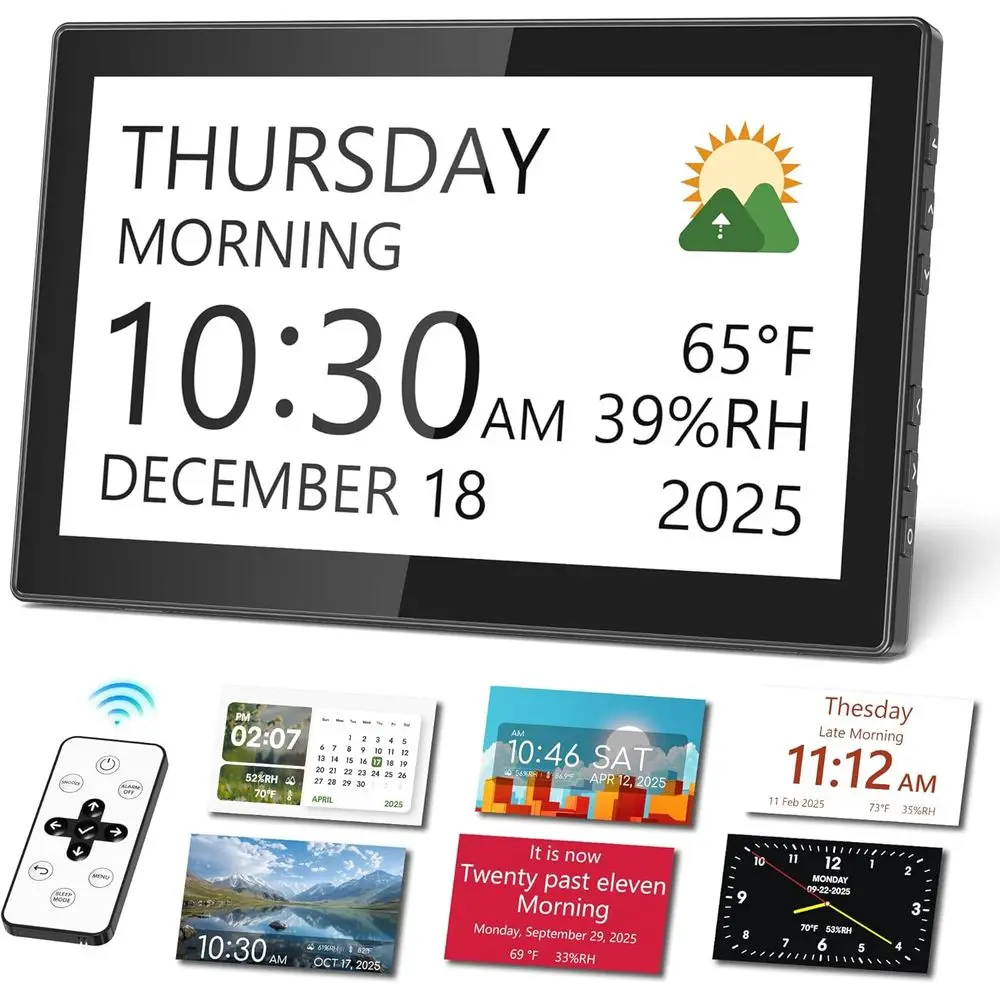 

Большие цифровые часы 10,1 дюйма с датой, днем или пожилым людям, цифровой циферблат с дистанционным управлением с 12 тематиками, автоматическим затемнением, 23 настраиваемых