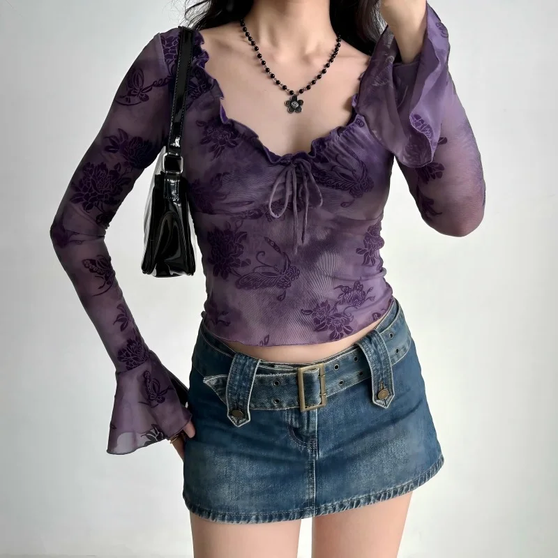 

Bohemia Summer Y2k Women's T-shirt Puff sleeve French shirt female Sexy slim Short sleeve woman T-shirt V-neck floral short top