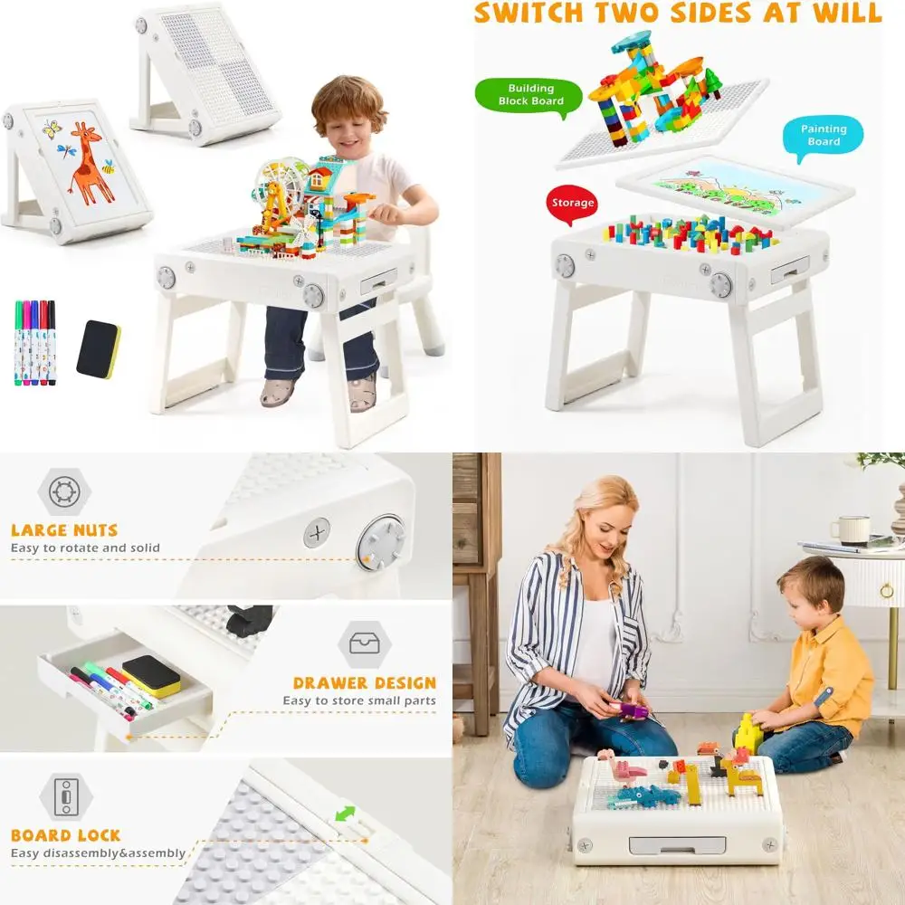 

Children's Double-Sided Drawing and Building Table with Storage, 5 Markers, and Eraser Included