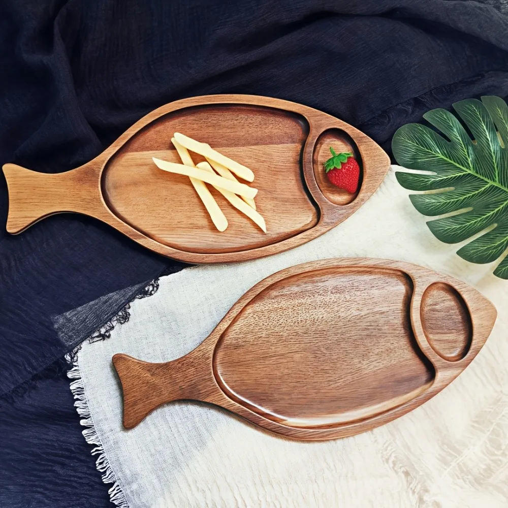 Cakes Tray Natural Wooden Fish Dish Rustic Multipurpose Fish Shaped Plate Handmade Dessert Plate Kitchen Counter