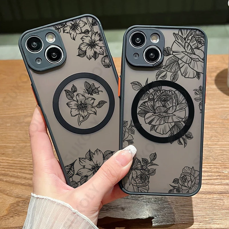 Flowers Pattern For iPhone 16 15 14 Pro Max 13 12 11 Pro Max Case For Magsafe Wireless Charging Matte Acrylic Hard Phone Cover