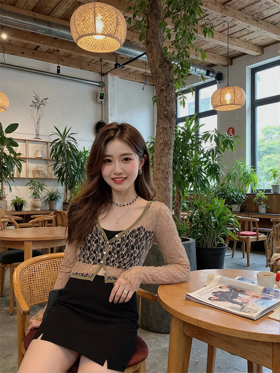 Dames feestoverhemden met lange mouwen Dames Wit Gehaakt O-hals Ronde kraag Knop Voorkant Eenvoudig Basic Minimalistisch Mode Casual Tops