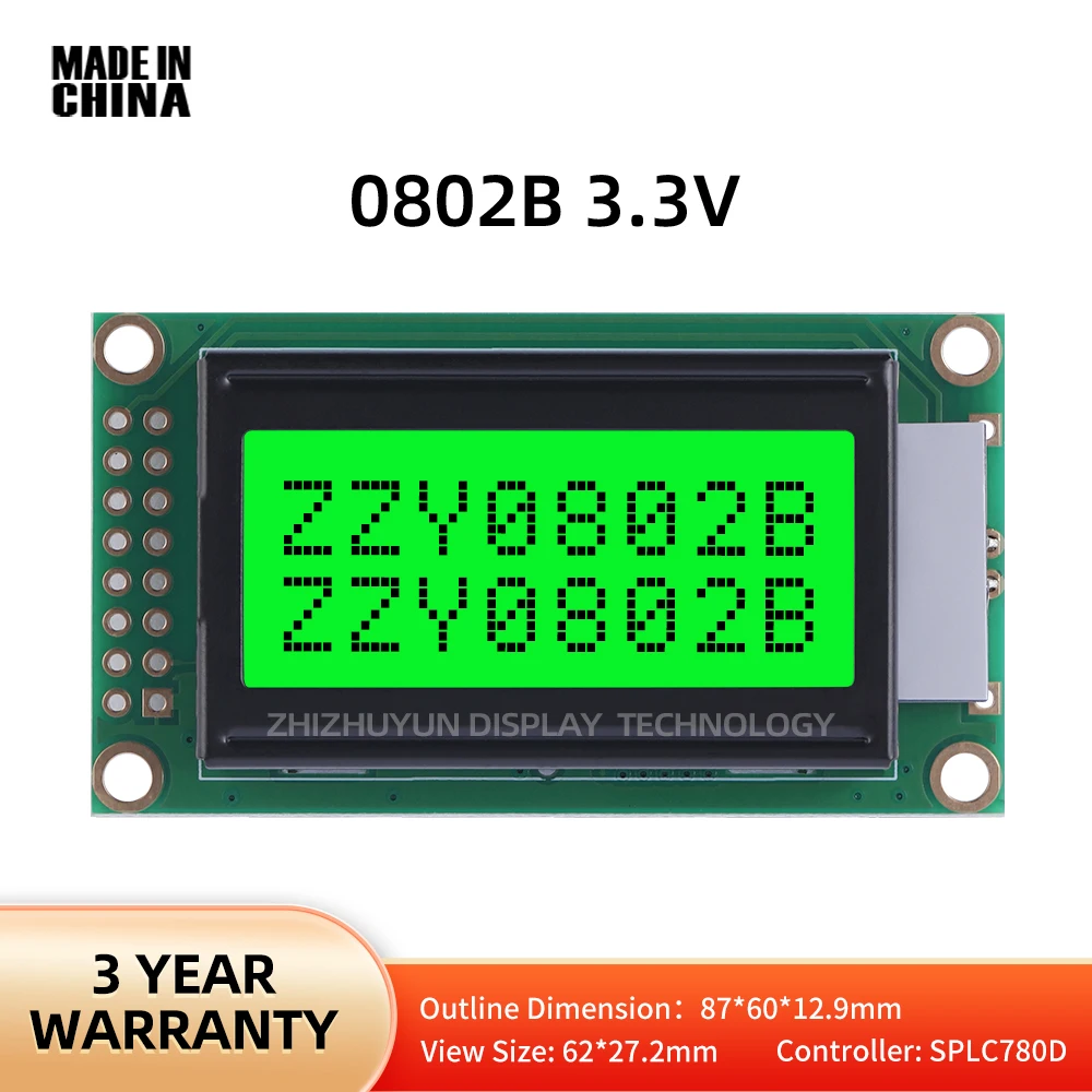 Personagem Dot Matrix Tela LCD COB Módulo de Cristal Líquido, Luz Verde Esmeralda, Personagens Pretos, 8x2 Personagem, 0802B, 16PIN