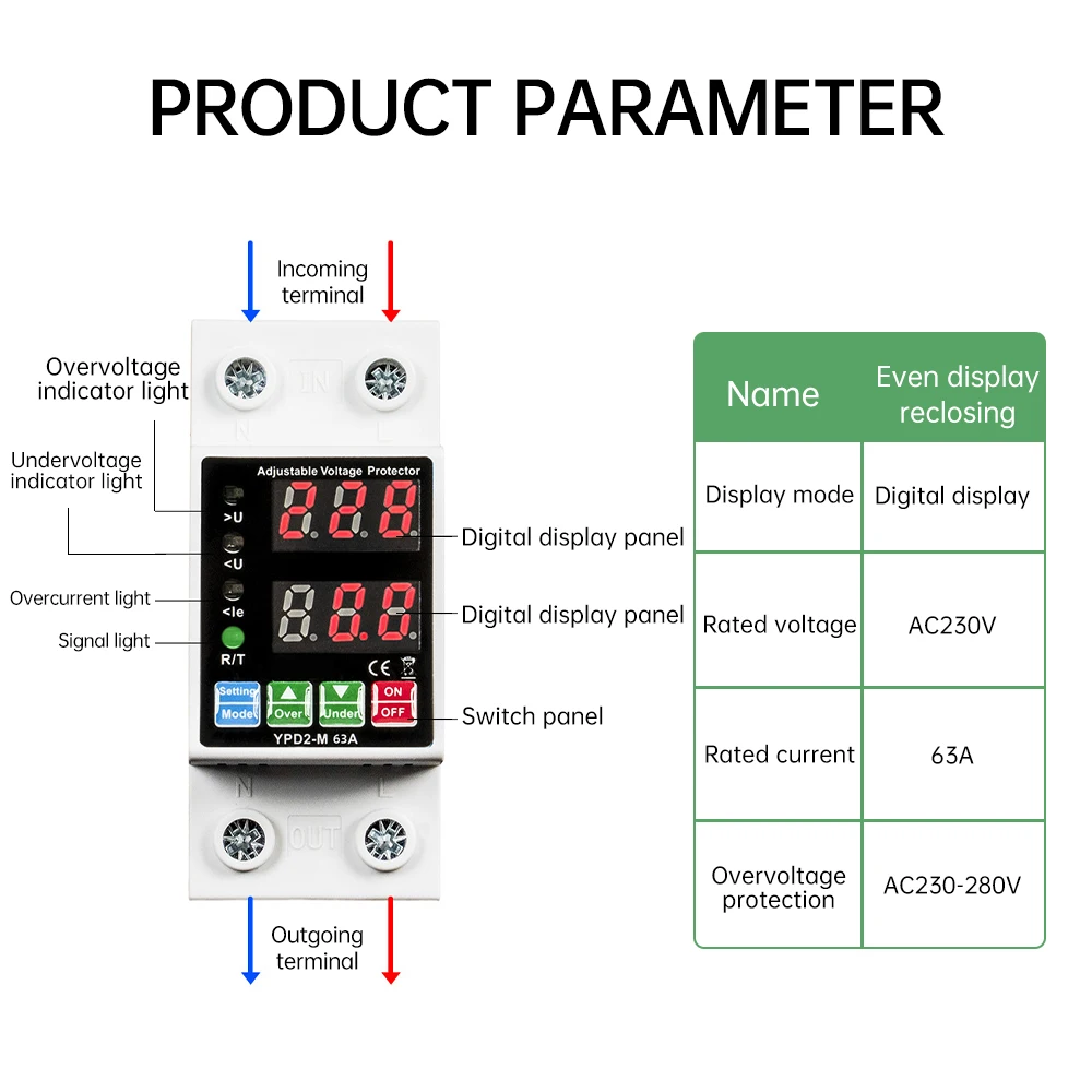 63A 40A Dual Display Self Resetting Adjustable Voltage Current Meter AC 220V Delayed Voltage Protection Switch overvoltage