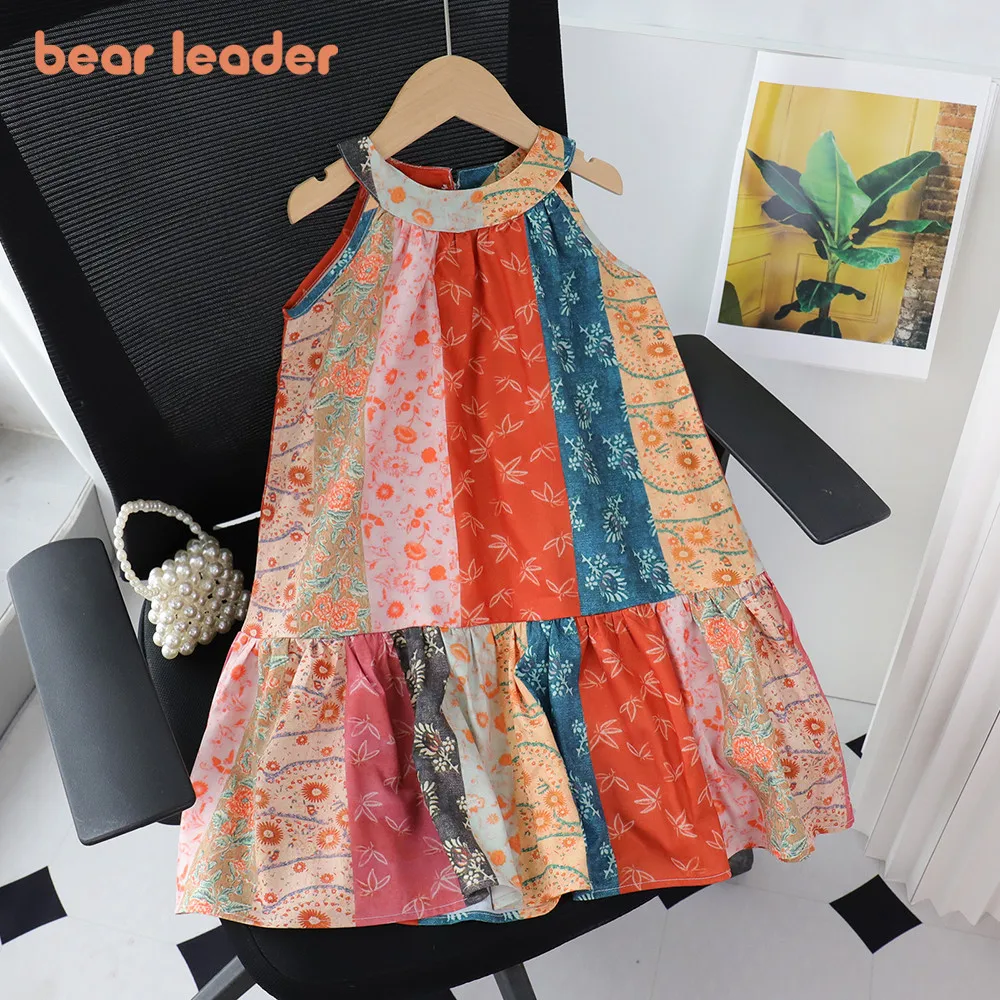 Bear Leader Kids Fashion Summer Flower Print Girls Clothes Bohemian Style Color Block Splicing Sleeveless Neck Hanging Dresses