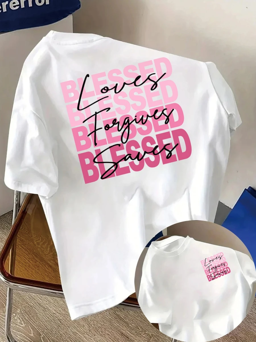 Blessed, Love and Forgiveness Print Tshirt Short Sleeve Crew Neck Casual Top for Summer Spring, Women's Clothing