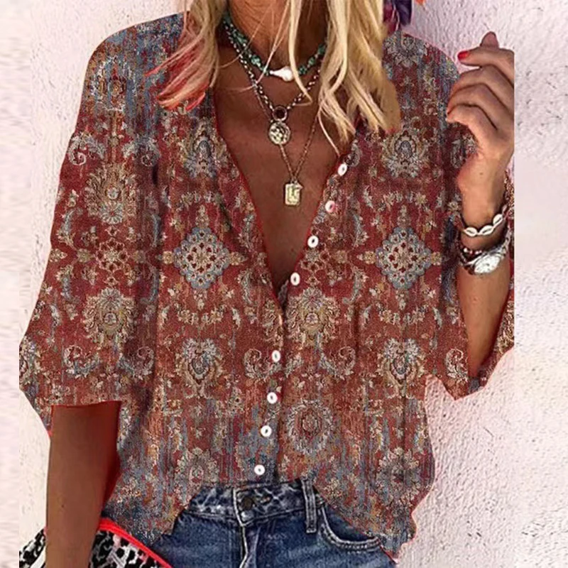 Nữ Áo Lệch Vai Cổ V Áo Sơ Mi Nữ Vintage In Cổ Áo Thu Đông 2022 Thiết Kế Dây Kéo Rời Áo