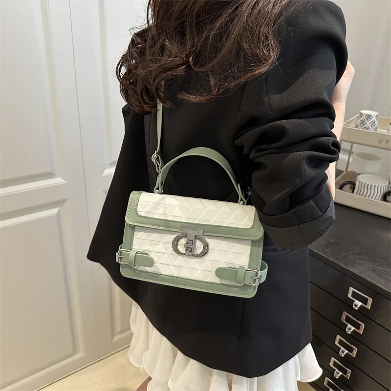 2026 NEW Women Contrast Color Square Handbag Geometric Embossed Flap Bag Metal Buckle Top Handle Crossbody Shoulder Purse