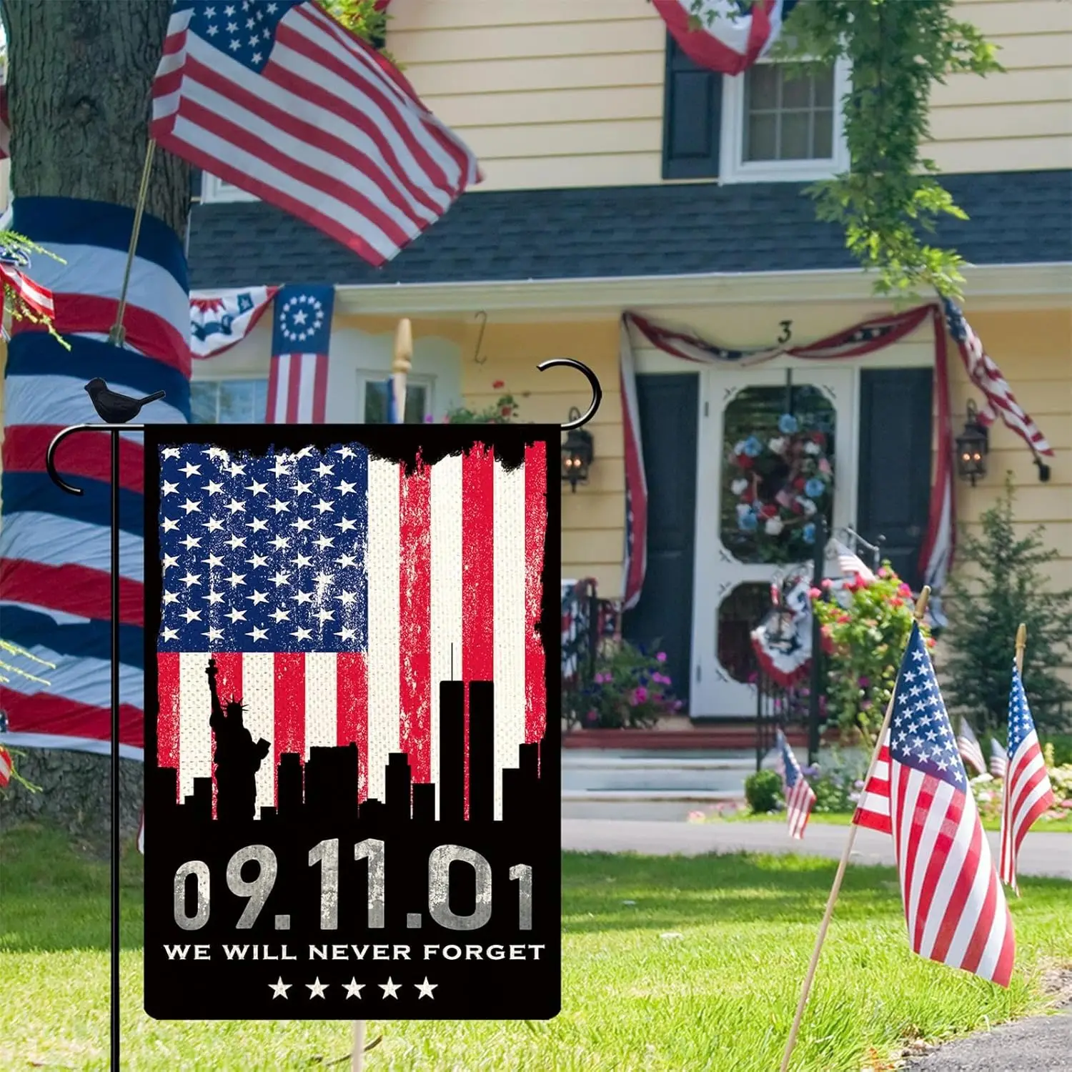 We Will Never Forget 2001 September 11Th Garden Flag 12 x 18 Inch Burlap Vertical Double Sided 23th Anniversary Memorial Flag