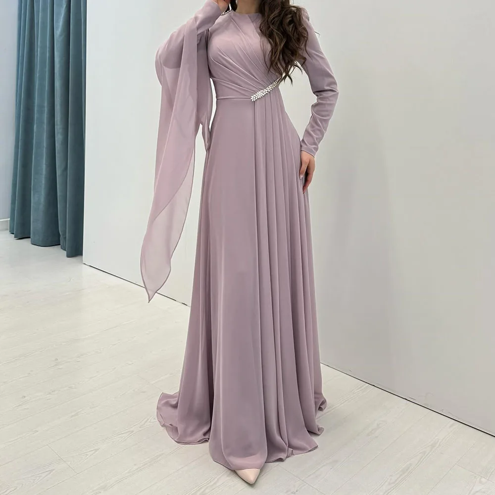 

Customized A-Line Evening Dresses Floor-Length O-Neck Full Sleeve Prom Gown Fashion Crystal Pleat Simple Draped Party Gown