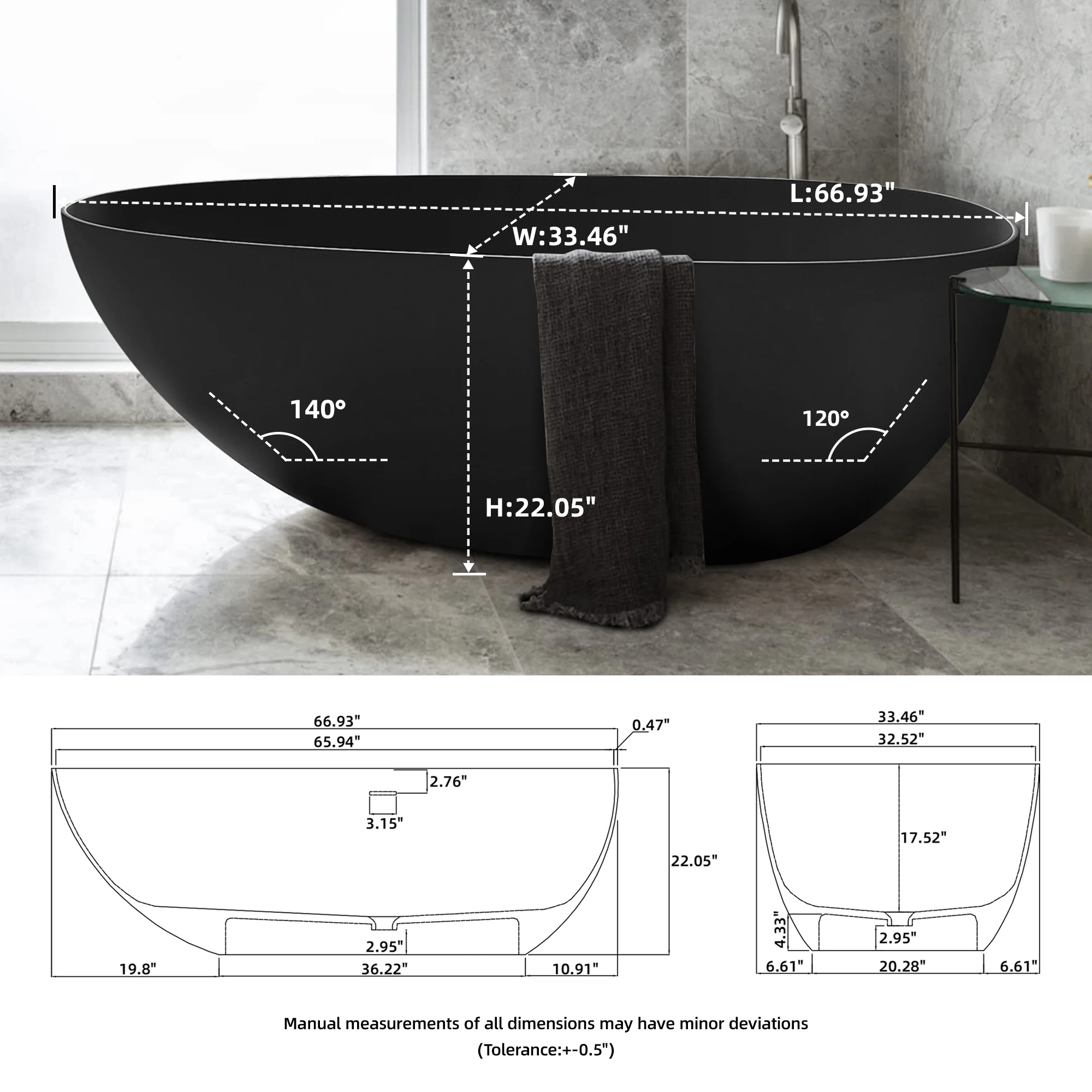 1700mm artificial stone solid surface freestanding bathroom adult bathtub Matte Black