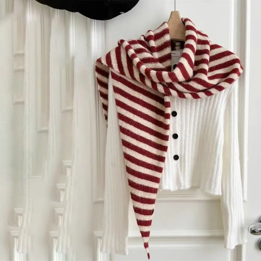 

Simple Korean Style Striped Scarf Cashmere Thickened Knitted Triangle Scarf Windproof Plush Winter Shawl Girls