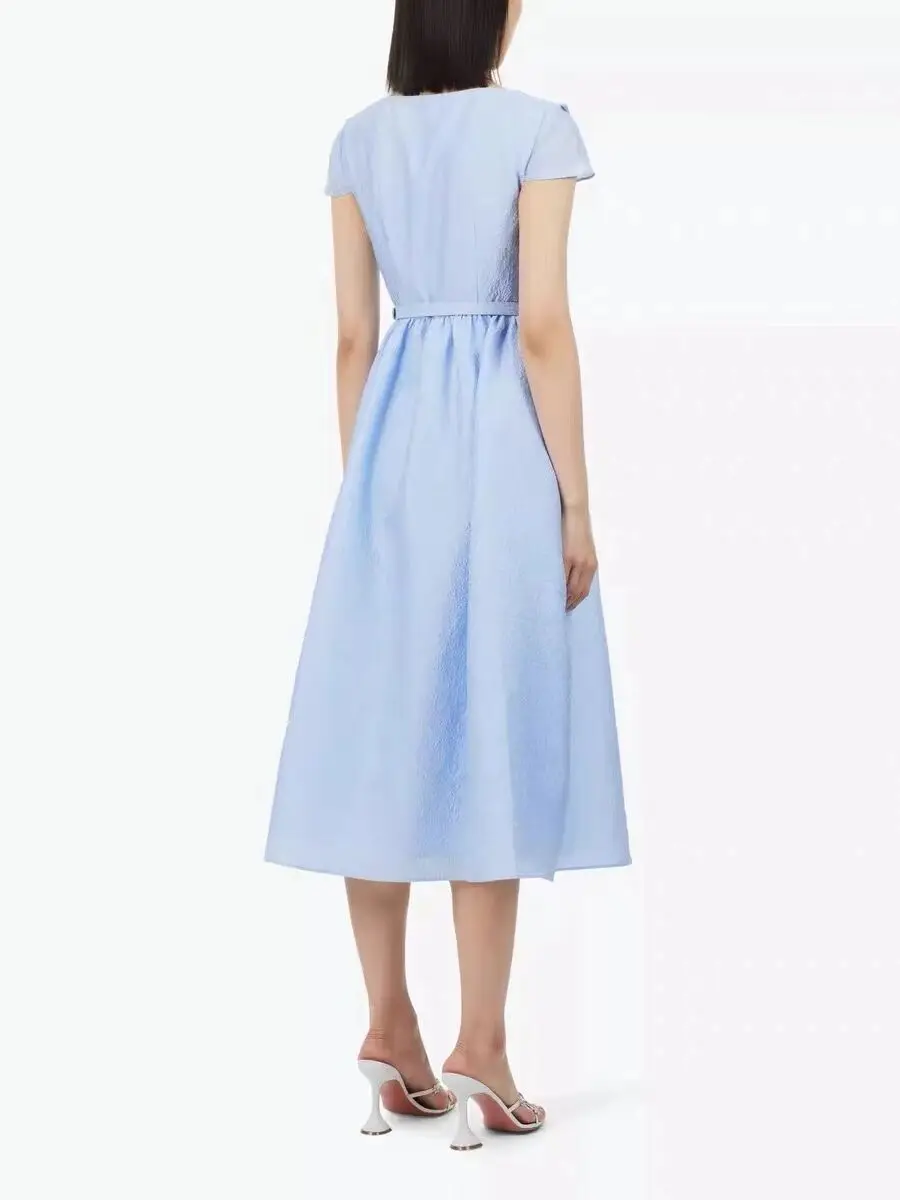 Fashionable Spring/Summer Blue Jacquard Embroidery with Belt Style Waist Closing Dress