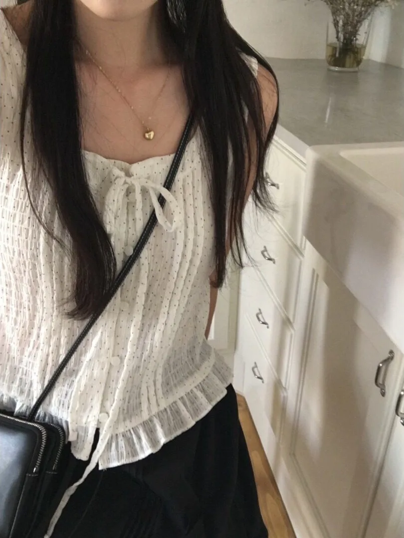 Summer Polka Dot Drawstring Single Button Vest Korean Style Women's Sweater Inner Wear Regular Fit Casual Versatile Top