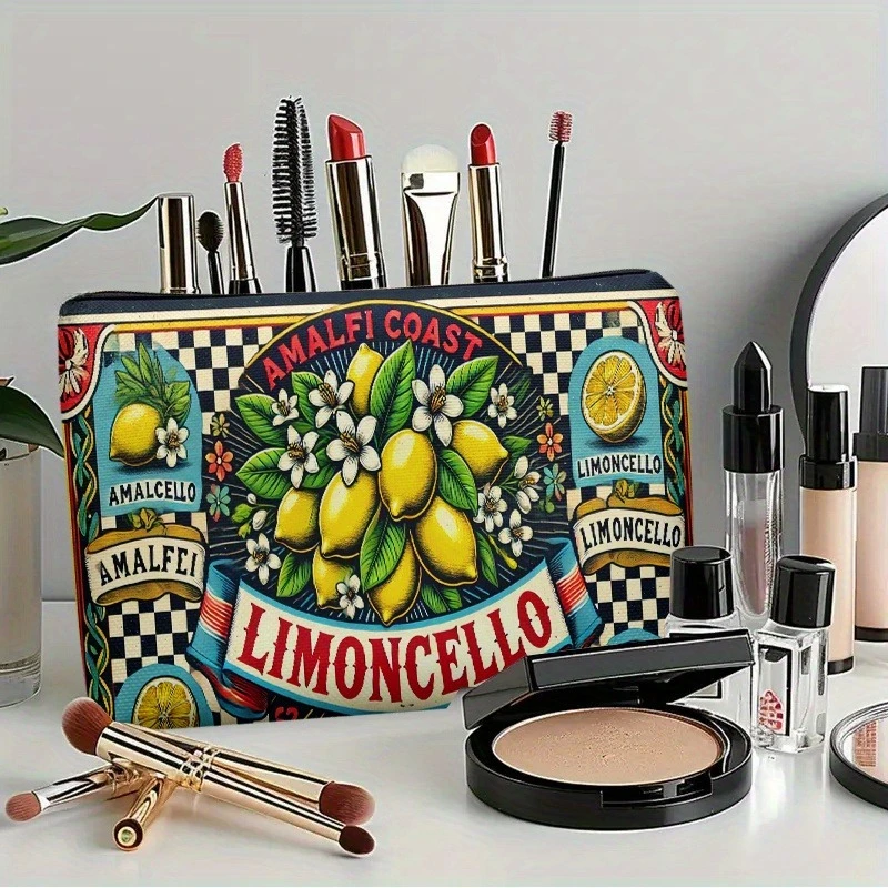 1pc Amalfi Coast Lemonade Makeup Bag -Dual-Sided Print of Lemons & Checkered Design - Ideal Gift for Friends, Pencil Case