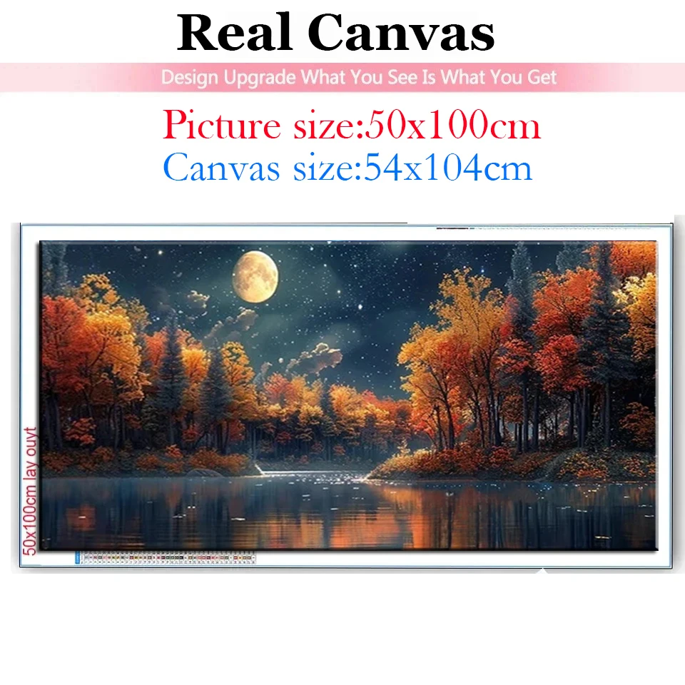 5D DIY Large Diamond Painting Moon Trees Lake Reflection Landscape Wall Art, Full Square Round Drill, Embroidery Home Decor