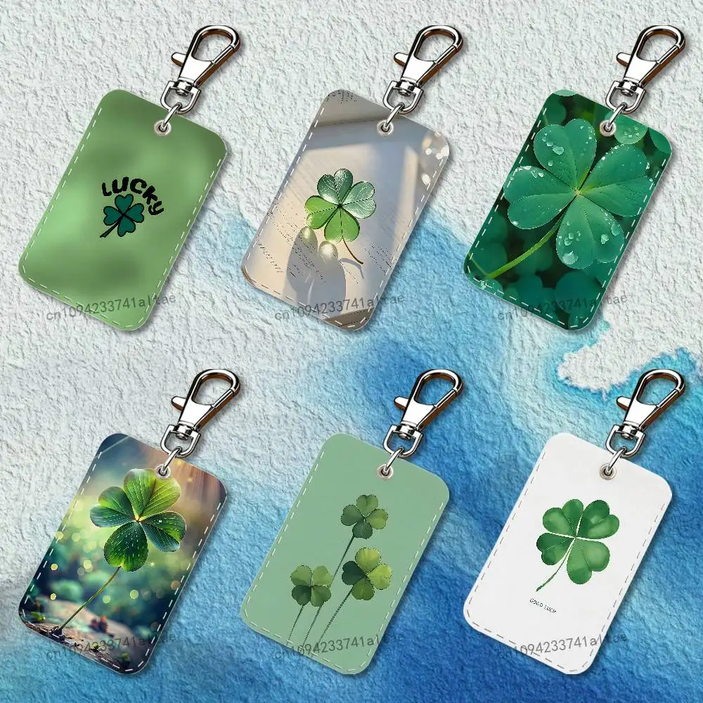 

Lucky Four Leaf Clover Rectangle Card Case Leather Card Holder Keychain Key Ring Transportation Card Case