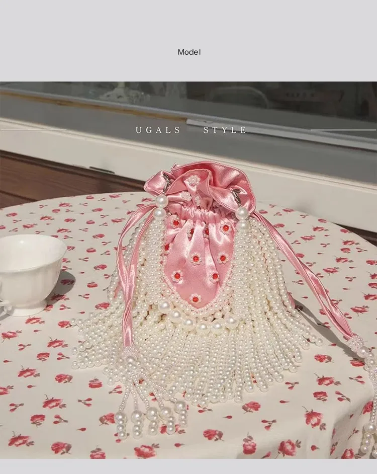 Beads Beading Tassel Handmade Women Handbag Pearl Beaded Satin Hobo Bag Wedding Party Banquet Bag Luxury Fashion Clutch Purse