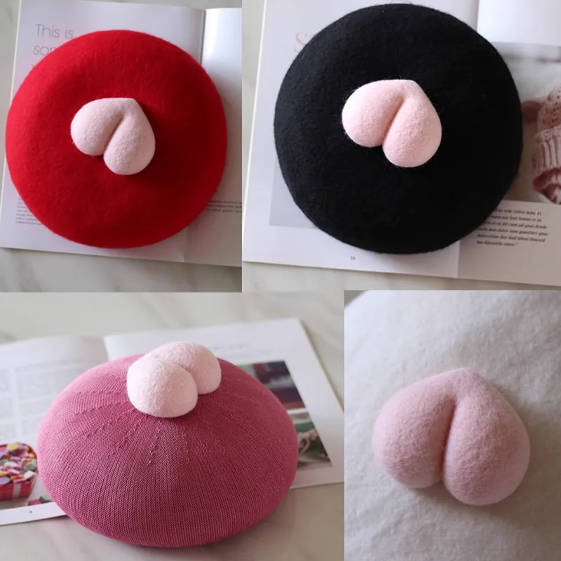 Autumn and Winter 2023 New Wool Woolen Peach Sweet Love Artist Hat Spring and Summer INS Small Crowd Funny Girl Pink  Beret Hat