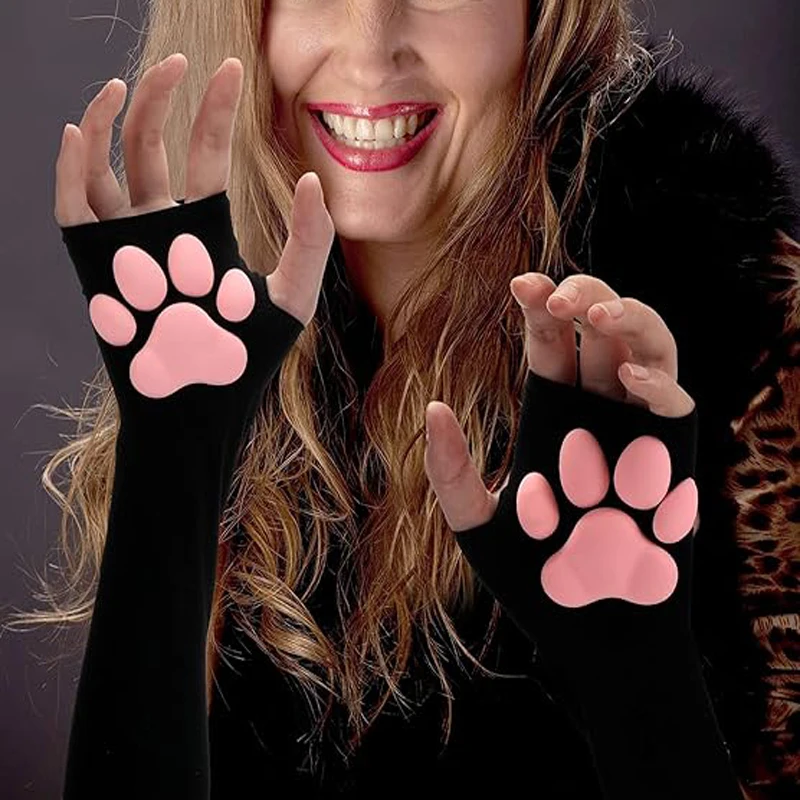 1 Pair Cute Cat Paw Mittens Gloves, Kawaii Cat Cosplay Kawaii Soft 3D Toes Beans Fingerless Cat Claw Paws Pad Sleeve