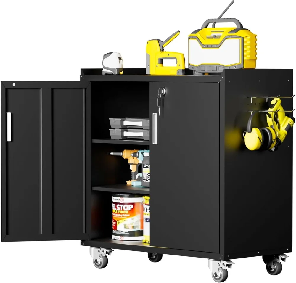 Metal Storage Cabinet with Wheels, Lockable Garage with Wheels, Tool Cabinet on Wheels, Metal Rolling Utility