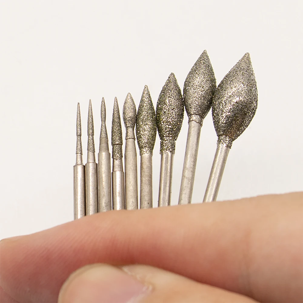 10 Pz Diamante Rettifica Testa Lucidatura J Punte Ad Ago Frese Metallo Pietra Giada Incisione Strumenti di Intaglio Per Dremel 2.35mm 3mm Gambo