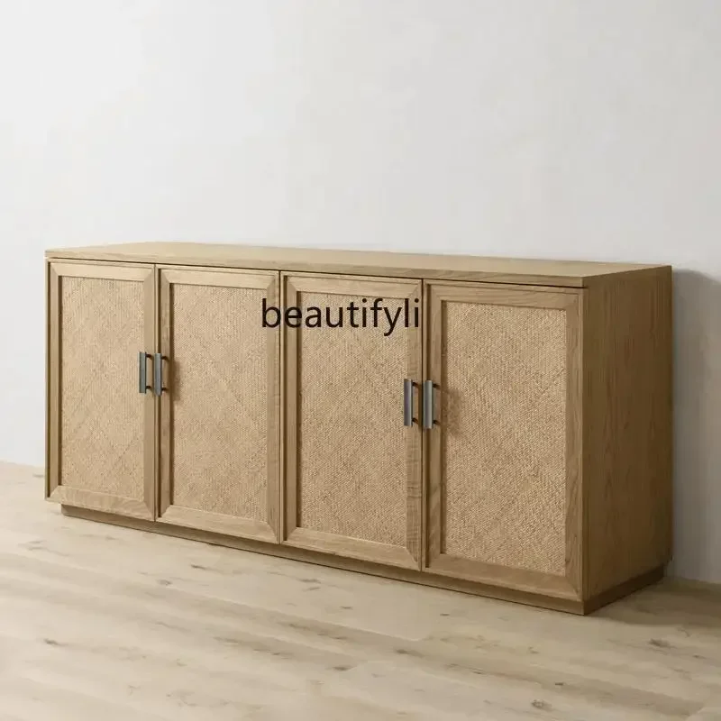2003 American solid wood dining side cabinet natural rattan multi-functional tea cabinet living room log color door cabinet