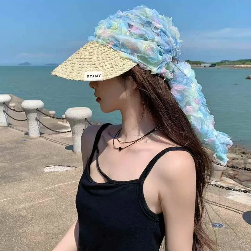 

Корейская постепенная смена цвета, трехмерная розовая плиссированная тканая шапка-платок, летняя женская солнцезащитная кепка с большим карнизом из рафии