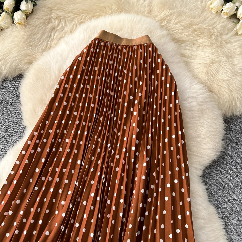 Korean Style Polka Dot Print Pleated A-line Long Skirts Women 2026 Spring Summer High Waist Casual Skirt