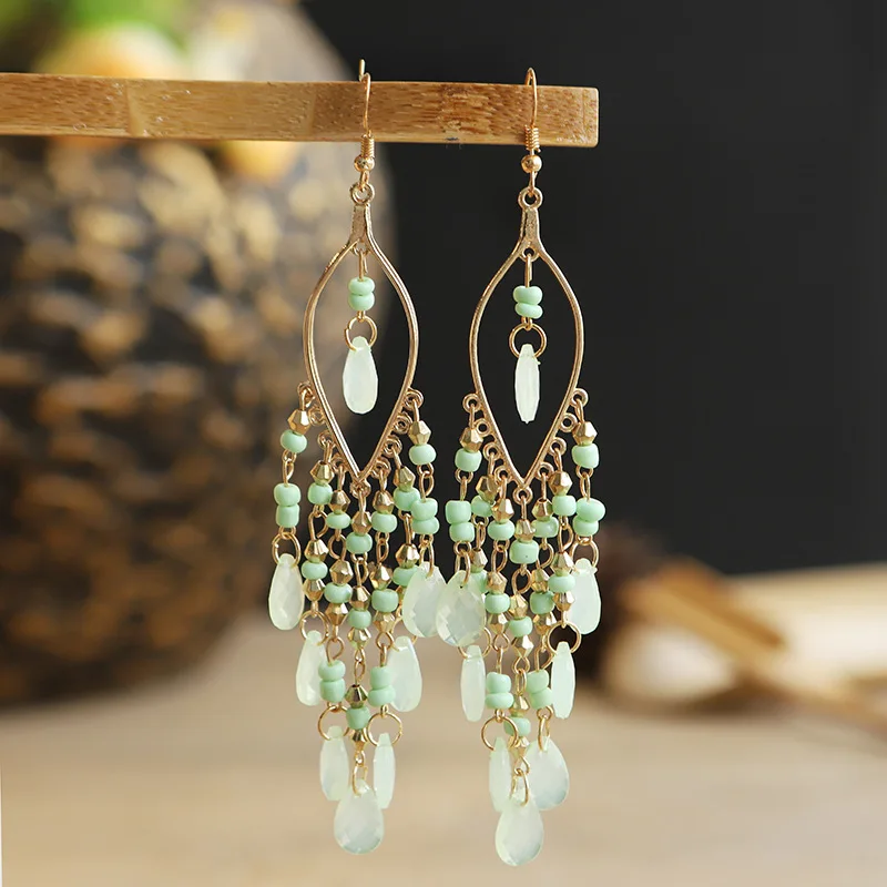 Boho-Ohrringe mit bunten, ethnischen Perlen für Damen, lange Ohrringe mit Kristallquasten, modischer Party-Schmuck für Mädchen – Detail 9