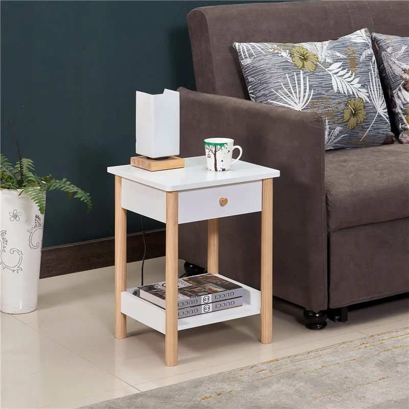 BS061WH Fashion Double Layer Wood Tea Table Sofa side Table Creative Dresser Small Storage Square Table Modern Simple Nightstand