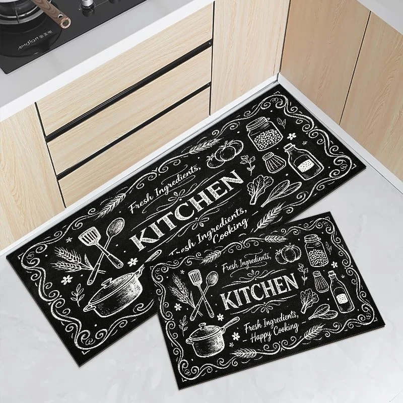 VIKAMA Fresh Ingredient Kitchen Sketch Runner Mat Waterproof Oilproof Non Slip Anti Fatigue Vintage Farmhouse Kitchen Floor Rug