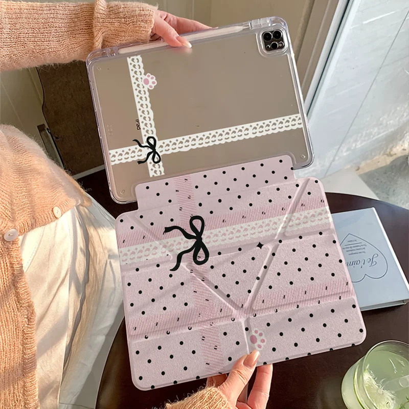 Pink Polka Dot Lace Bow Folwer Y Fold Tablet Case For iPad Pro 13 11th A16 12.9' 10 9 8 7 6 Th Air 3 2 1 Mini 7 6 5 4 Cover