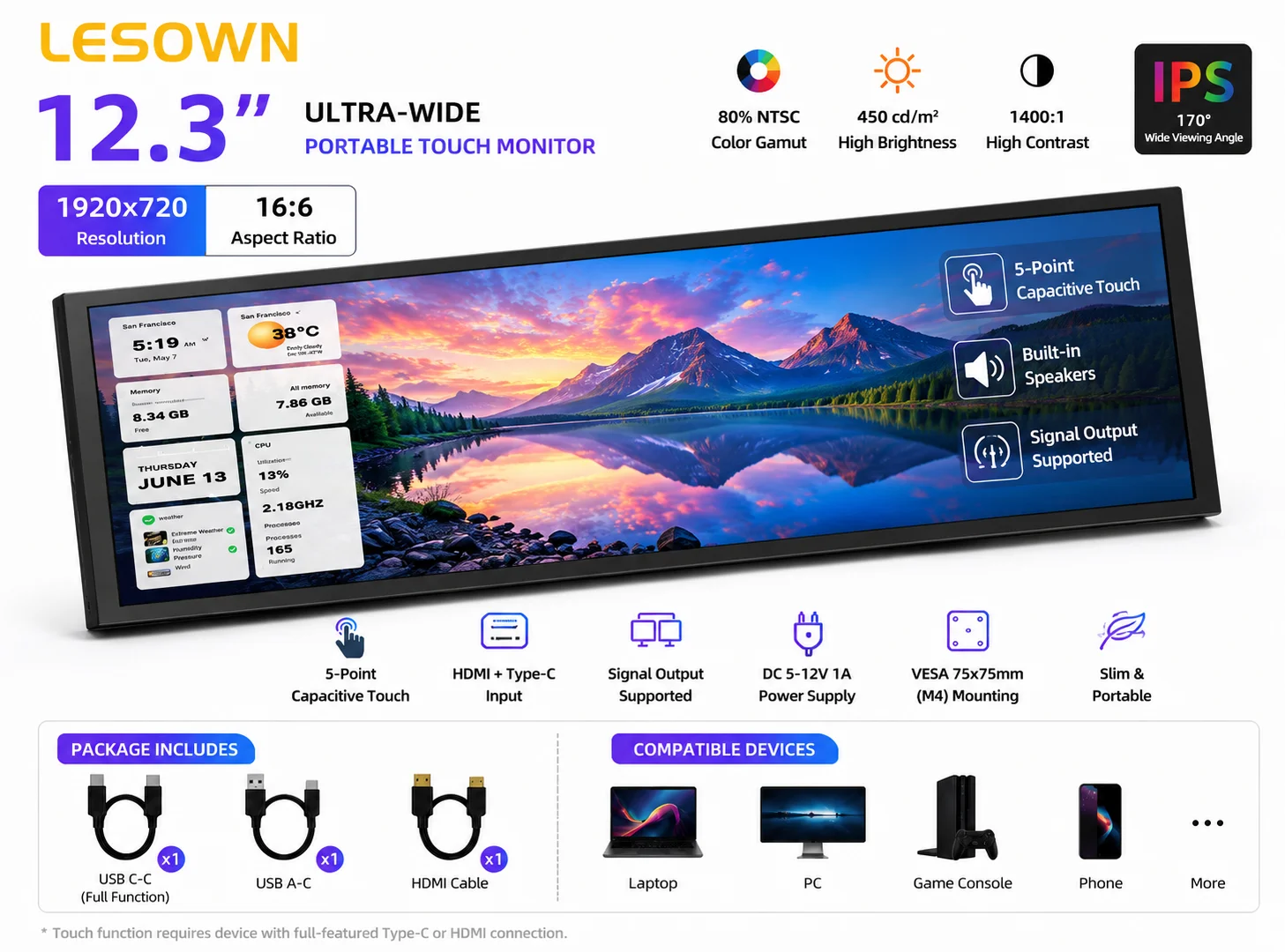 LESOWN 12.3 Inch Ultra-wide Display Portable Monitor 16:6 IPS Panel Driverless Touch Screen for Mini PC