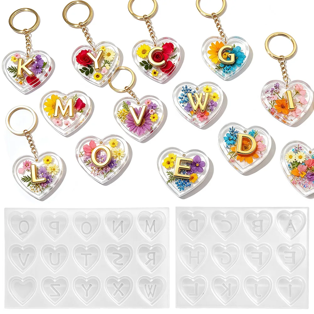 Complete 26 Letters & Heart Silicone Molds Epoxy Resin DIY Personalized Name Pendants Keychains Bag Charms Back to School Craft