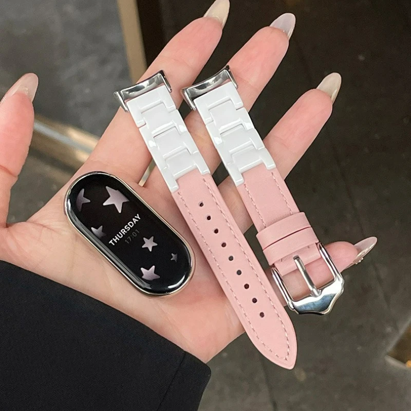 Slim Ceramic‑Leather Bracelet for Xiaomi MiBand 10 9 8 Ladies Classic Replacement Strap for Huawei GT 6 5 4 20mm 18 22 Wristband