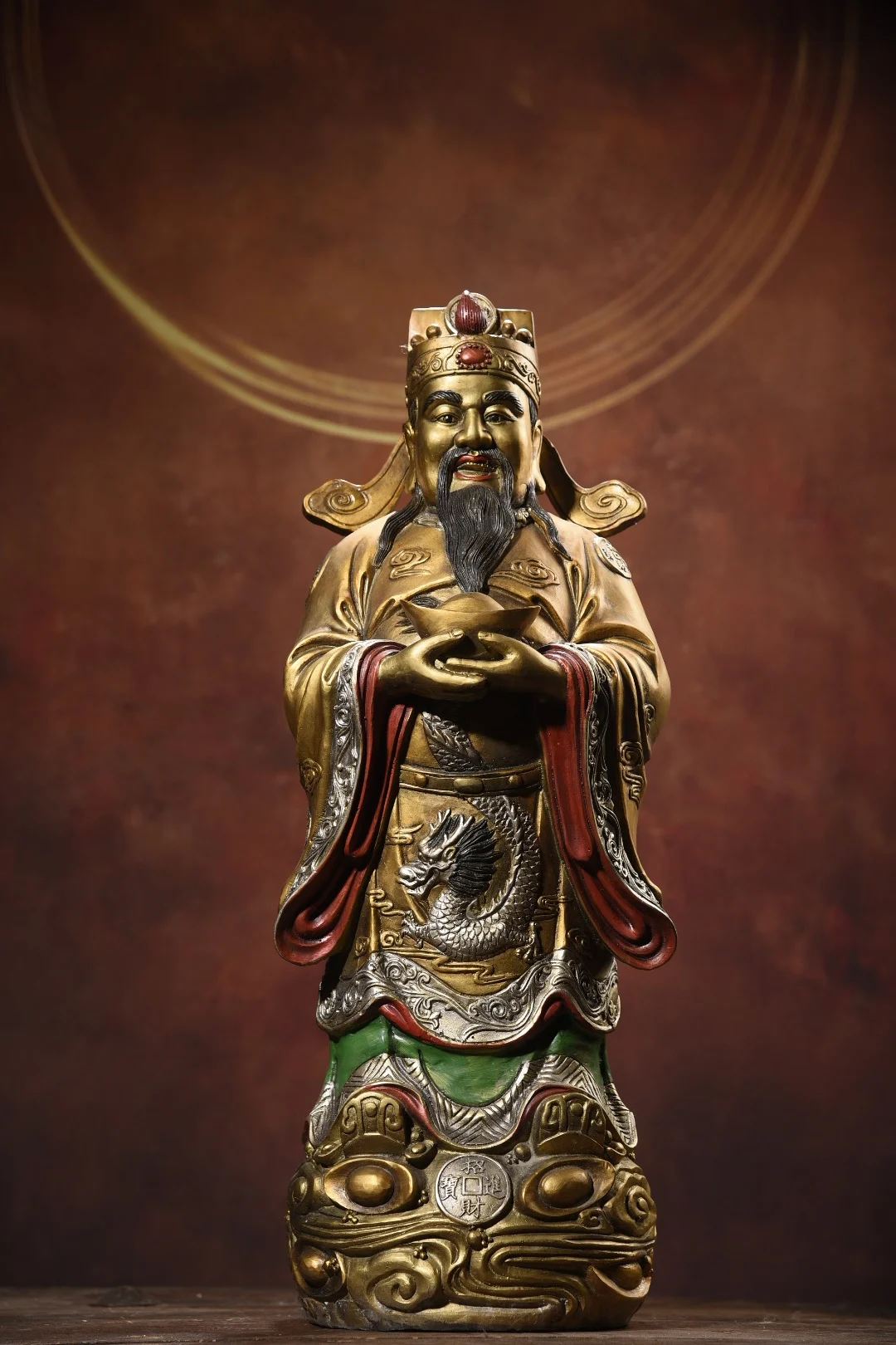 

24"Tibetan Temple Collection Old Bronze Painted Dragon Texture Yuanbao God of Wealth Immortal in charge of wealth Worship Hall