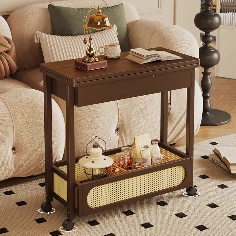 طاولة جانبية عتيقة قابلة للطي مع عجلات، طاولة قهوة متنقلة صغيرة، عربة غرفة المعيشة الرجعية، طاولة نهاية موفرة للمساحة مع مساحة تخزين