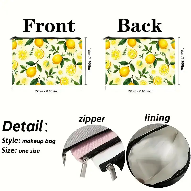 Lemon Print Cosmetic Makeup Bag with Zipper Closure Lightweight Portable Toiletry Pouch Perfect Travel Wash Bag Italy Style