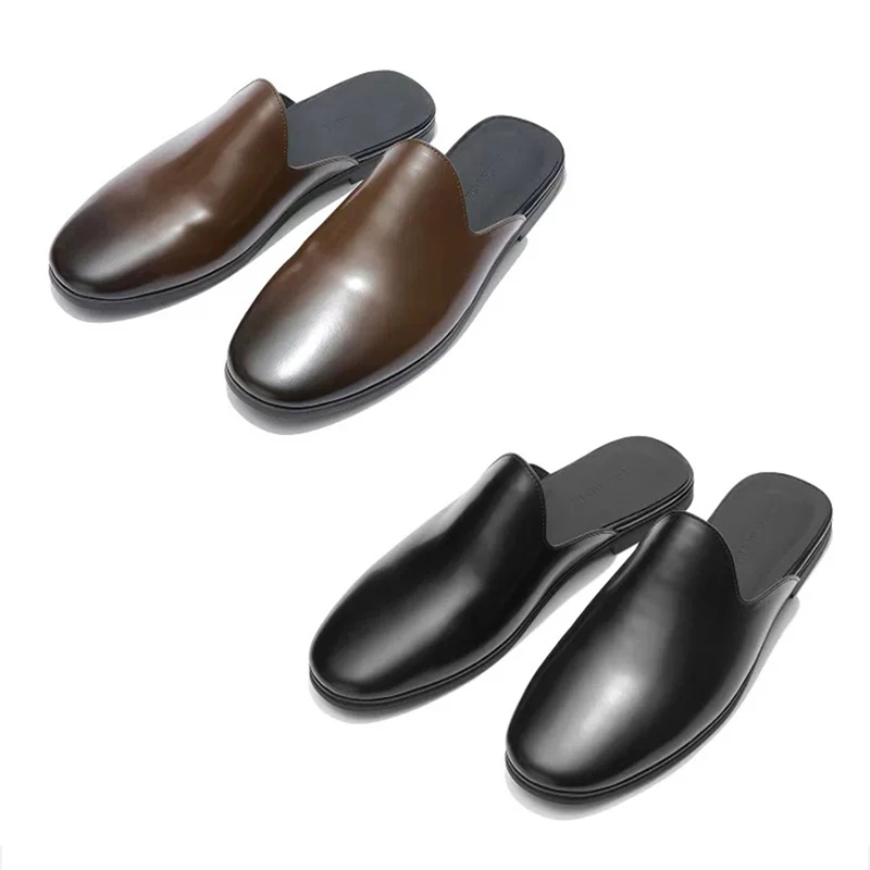 

Hotel Mules Shoes for Men Cowhide Lazy Style Smoked Oil Shining Slippers No Rear Heels Bocken Shoes for Business and Leisure