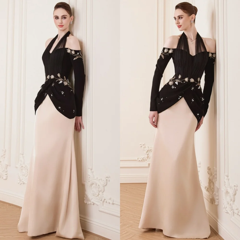Customized Modern Style Jersey Sequined Pleat Trumpet Halter Long Dresses Bespoke Occasion Casual Simple