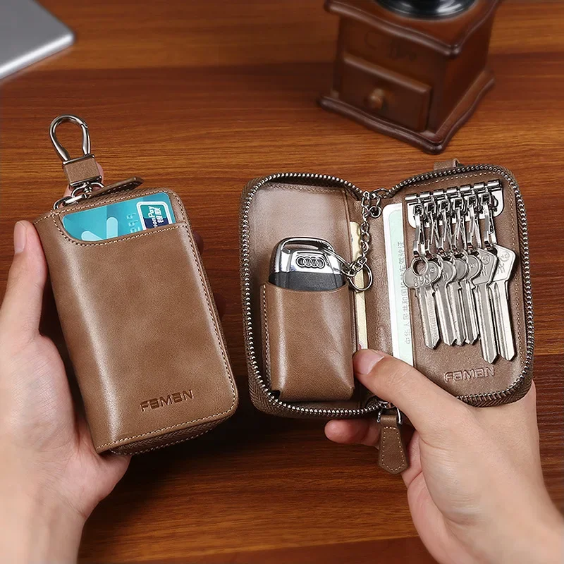 Large Capacity Genuine Leather Key Holder Zipper Car Key Pouch Multi Purpose Organizer Wallet for Men Women Travel 가죽 키 파우치