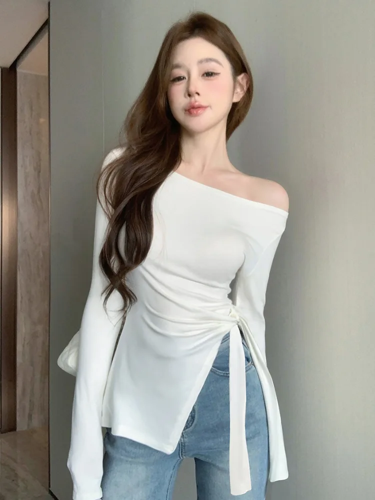 

Slim Fit Long Sleeve T-Shirt Women's Korean Style Fashion Asymmetrical Side Slit One-Shoulder Base Shirt Top Pure Color