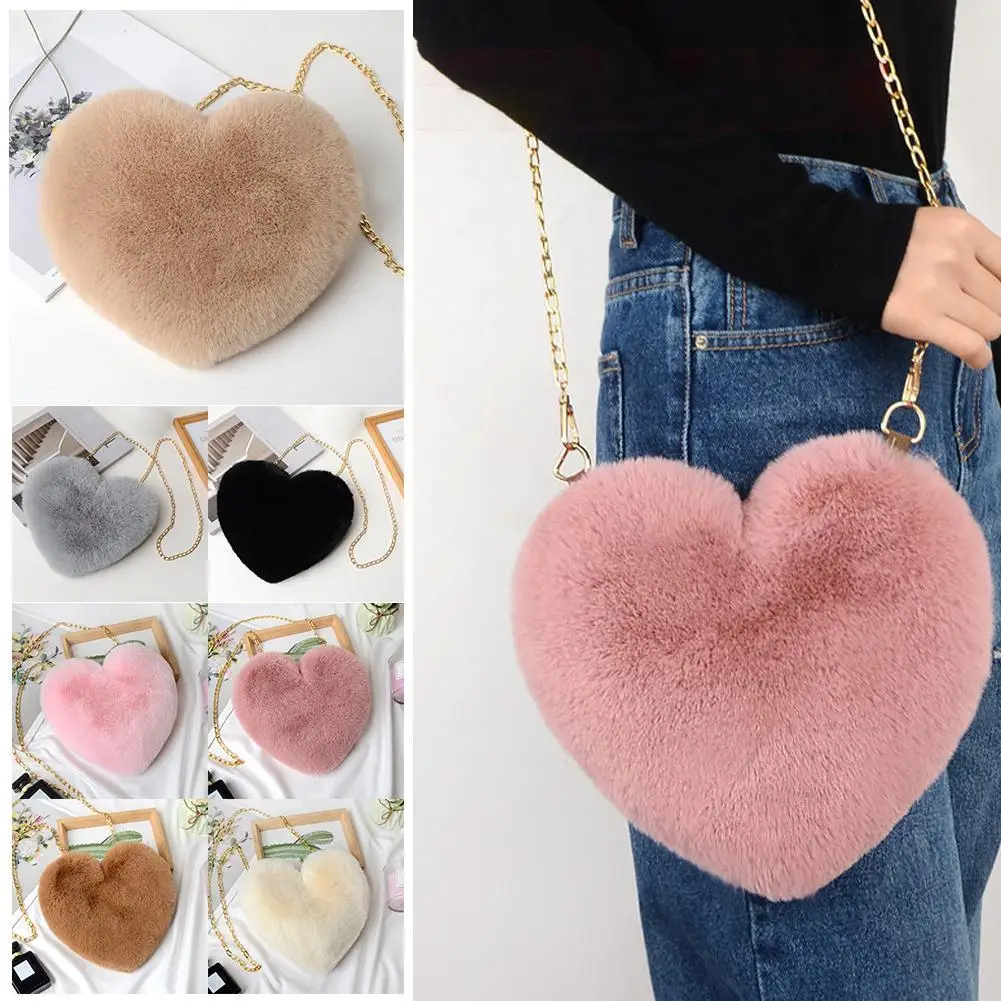 Fashion Women's Heart Shaped Handbags Cute Faux Fur Crossbody Bags Lady Soft Plush Chain Shoulder Bag Shopper Totes