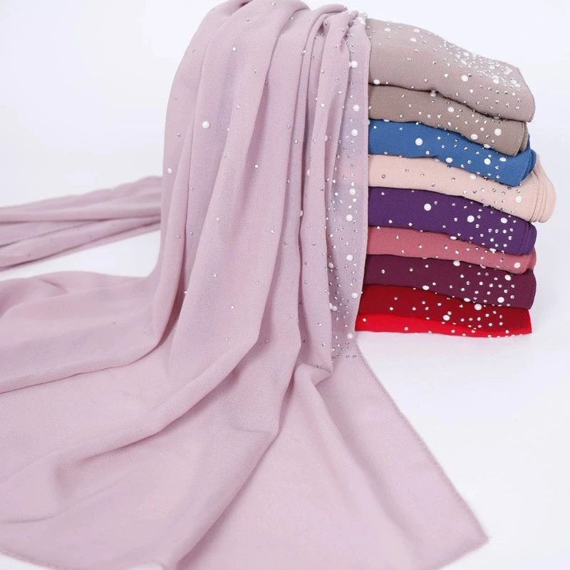 

Women Bubble Chiffon Hijabs Scarf With Diamonds Studs Pearls Scarves Plain Shawls Headscarf Wraps Solid Color Mullfers Turbans