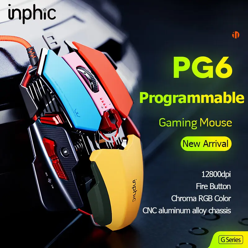 

Проводная игровая мышь Inphic PG6 с RGB-подсветкой, 12800 DPI, 9 программируемых кнопок для макросъемки и кнопка огня, Компьютерная Мышь для игр FPS