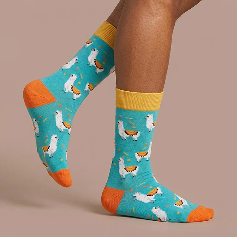 1 Pair, Unisex, Lake Blue Background with White Alpaca Pattern, Yellow and Orange Color-Blocking Heel and Toe, Polyester, Breathable, Fun, Mid-Calf Socks, Suitable for Everyday Wear
