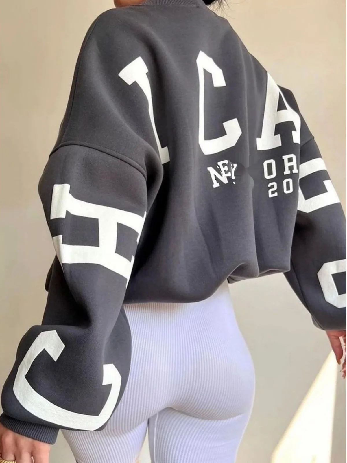 Thick Long Sleeve Printed Sweatshirt Women's Street Style Hoodie Loose Fit round Neck Spring Season Letter Pattern